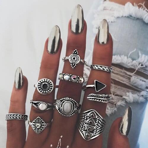 New Creative Vintage Alloy Rings for Women Geometric Totem Feather Finger Rings Set Boho Jewelry Bague Femme