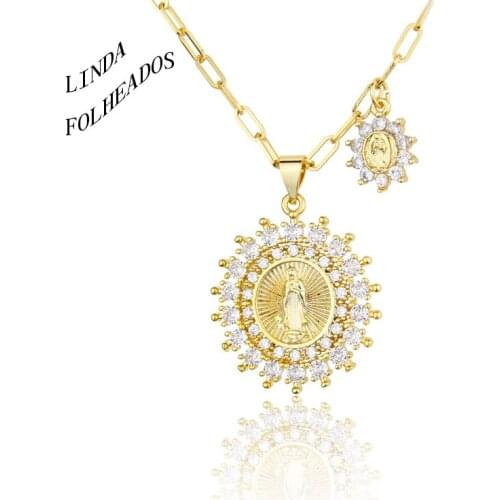 New Design Zircon Golden Size Chain Zirconium Inlay The Virgin Tags Necklace Round Religious Combination Pendant Jewelry Gift
