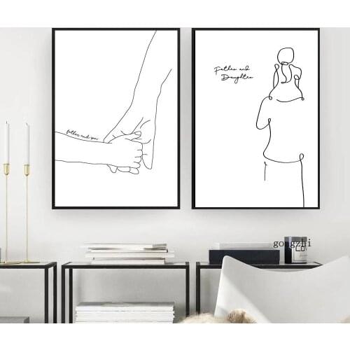 Father and Kids Daughter Son Abstract Line Drawing Posters Minimalist Canvas Painting and Prints Wall Art Pictures Home Decor