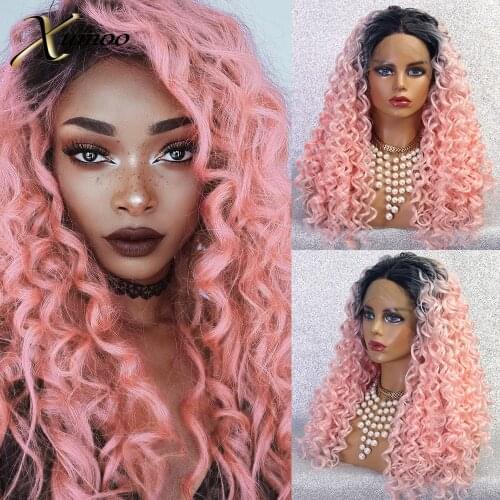 XUMOO Black Roots Pink Synthetic Lace Front Wig High Temperature Fiber Long Curly Wig Glueless Cosplay Wigs For Black Women