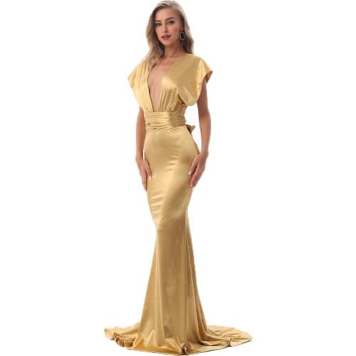 Floor Length V Neck Mermaid Dresses Elegant Evening Party Dress Backless Shiny Gold Burgundy Stretchy Satin Dress Bodycon Dress