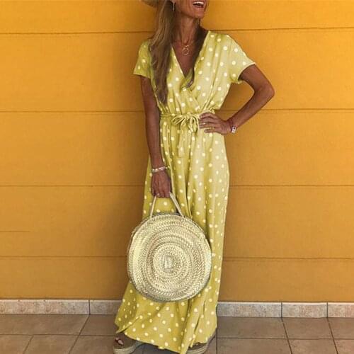 Summer Polka Dot Print Boho Long Dresses For Women V-Neck Short Sleeve Maxi Dress 2021 Ladies Casual Beach Holiday Dress Robe