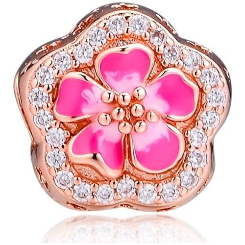Fits Pandora Bracelet 925 Sterling Silver Pink Sparkling Peach Blossom Flower Charms Beads DIY Jewelry Making Berloques