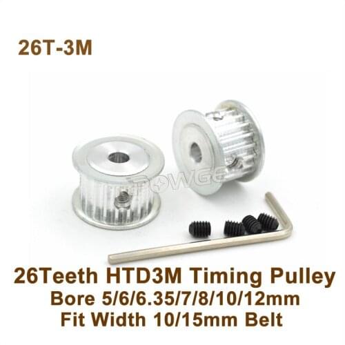 POWGE 26 Teeth 3M Timing Pulley Bore 5-10mm Fit W=10/15mm 3M Belt 26T 26Teeth HTD3M Synchronous Belt Pulley 26-3M AF