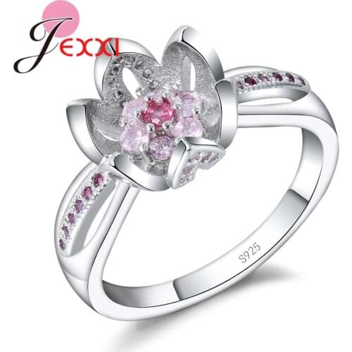 Romantic Female Pink Flower Ring AAA Zircon Ring 925 Sterling Silver Filled Jewelry Vintage Wedding Rings For Women
