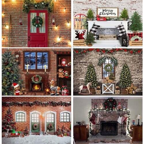 Christmas Backdrops Brick Wall Window Door Tree Gifts Snow Photography Backgrounds Winter Family Photophone Photo Studio