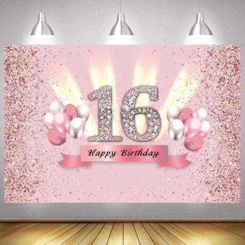 Pink Sweet 16th Photo Backdrop Girls Happy Birthday Party Custom Sixteen Flower Decoration Photography Backgrounds Banner