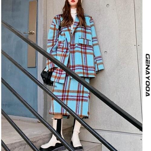 Genayooa Streetwear Plaid Skirt Set Winter Office Lady Two Piece Set Korean Style 2021 Chic 2 Piece Set Women Set New Arrival