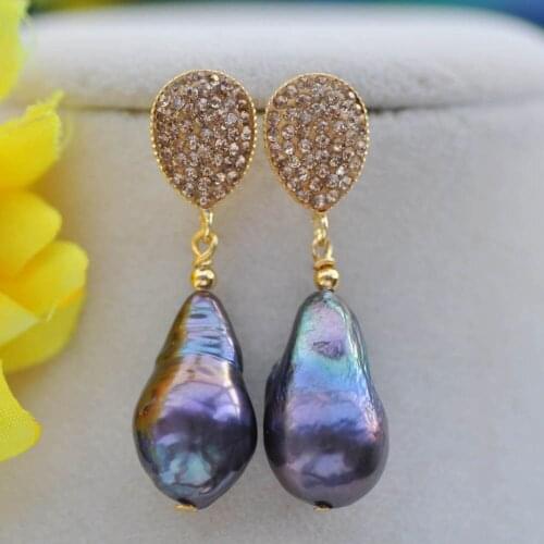 Z10322 23mm Peacock-Black Tear-Drop Edison Keshi Pearl CZ Dangle Earring