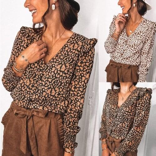 Casual All-Match Leopard Print Ruffle Blouse Shirt Autumn Winter Long Sleeve Women Shirts Elegant Office Lady V-Neck Button Tops