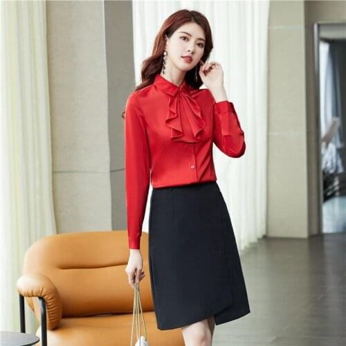 Fashion Women Blouses & Shirts Red Long Sleeve Office Ladies 2 Piece Skirt and Tops Sets Work Uniform Clothes