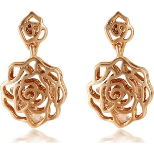 LEMOER High Quality Fashion Gold Silver Color Hollow Out Zircon Rose Flower Earring Crystal Earrings Studs for Women brincos