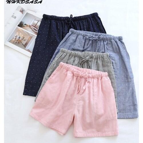 Women Shorts Summer 100% Cotton Crepe Sleep Bottoms Dyed Dot Casual Loose Sleepwear Ladies Men Plus Size Pajamas Loungewear