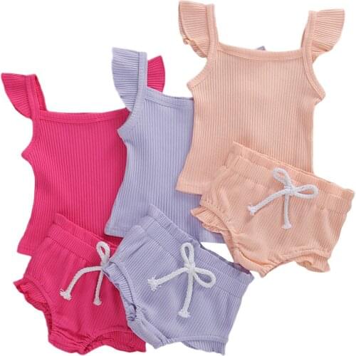 0-3Y Summer Infant Baby Girls Clothes Sets Solid Ruffles Short Sleeve T Shirts Tops+Shorts 3 Colors