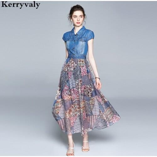 New Denim Stitching Chiffon Printed Long Summer Dress Ropa Mujer Verano 2020 Fairy Long Swinging Women Maxi Dress K3125
