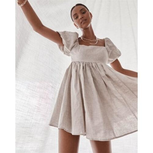 Women Cotton Line Mini Dress Good Quality Puff Sleeve High Waist A-Line Dresses 2021 Summer Fashion Khaki Fairycore Aesthetic