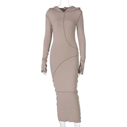 2021 Long Sleeve Hooded Patchwork Skinny Maxi Dress Autumn Winter Women Fashion Streetwear Casual Outfits