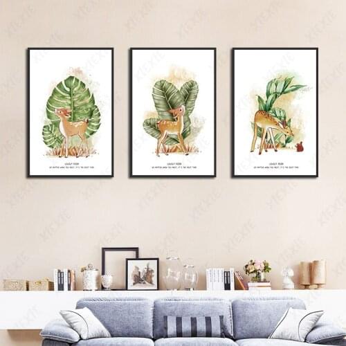 Abstract Cartoon Animal Paintings with Lovely Deers Green Leaves Wall Art Canvas Posters Prints Living Room Bedroom Decoration