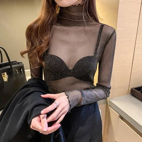 Spring Summer Womens Sexy See Through Mesh Blouse Long Sleeve Transparent Shining Elegant Shirt Fashion Women Tops 2020