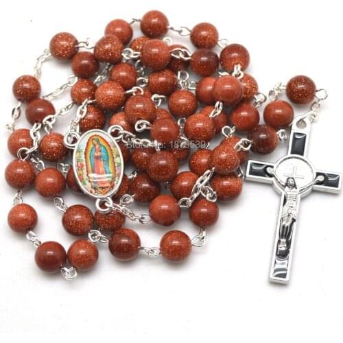 Stone Gold Sand 8 mm Bead Rosary Our Lady of Guadalupe Center Medals St Benedict Crucifix
