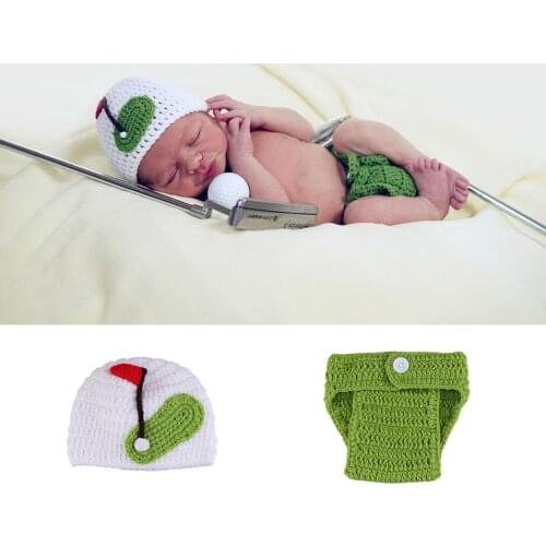 White and Green New Born Golf Sports Baby Clothes Set Crochet Infant Baby Beanie Hat Newborn Photography Props Accessories