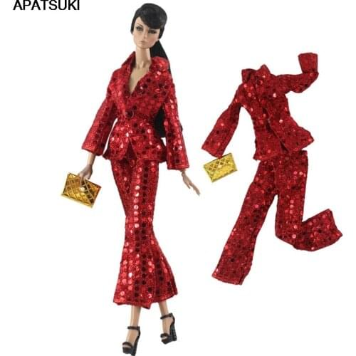 1Set Suit Sequin Red Clothes Set for Barbie Dolls Fashion Outfits Jacket Top Pants Handbag Purse 1/6 Accessories Kids Toys