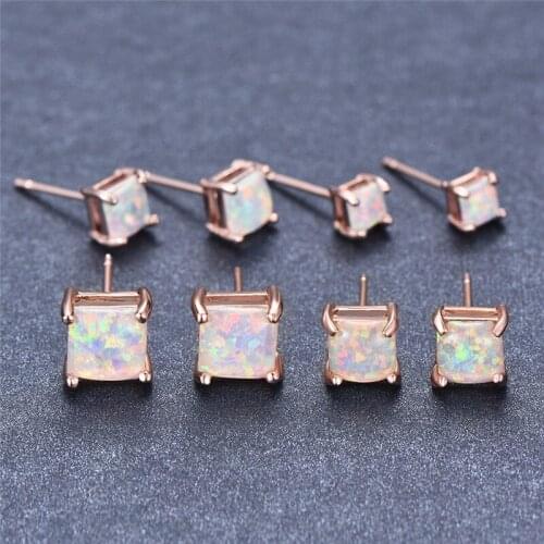 Minimalist Square Small Stone Earrings Geometric White Fire Opal Stud Earrings Luxury Rose Gold Color Wedding Earrings For Women