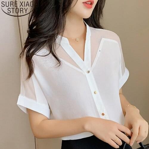 Fashion White Shirt Women Blouse Summer 2021 New Chiffon Blouse Summer Casual Short Sleeve Mesh Top Women V-neck Shirts 9632