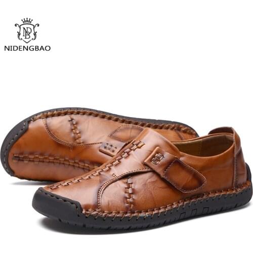 Men Shoes Leather Loafers Shoes Hand-Stitched Casual Shoes Men Loafers Soft Breathable Flats Shoes Men Moccasins Driving Shoes