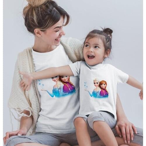Disney Anna and Elsa Aesthetic Pretty Family Clothing Sets Frozen Series Fashion Clothes Mom and Daughter Equal Women T-shirts