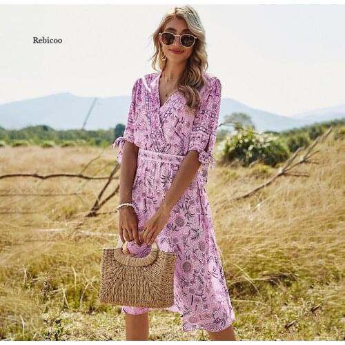 Women Spring New Print Dress Casual V Neck High Waist Half Sleeve Floral Dress for Women Holiday Style Summer Dress