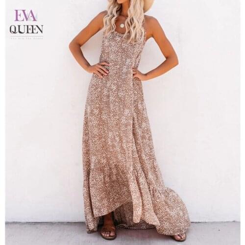 EvaQueen Ruffle Hem Beach Maxi Dress Women Spaghetti Strap Bandage Hollow Out Sexy Maxi Long Dresses Summer Floral Print Vestido