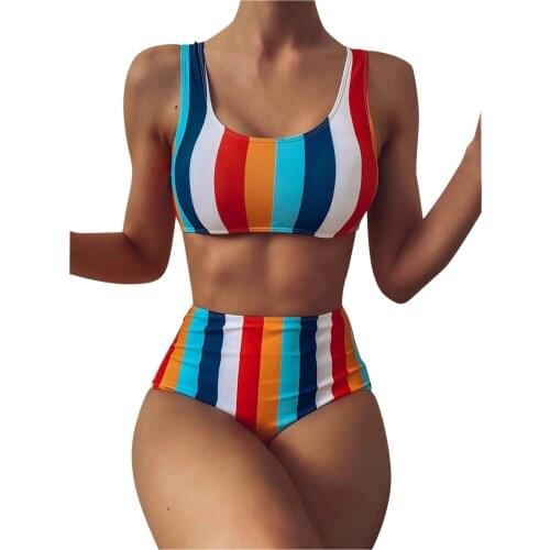 Rainbow Striped Printed Brazilian Push Up Bikini Two Piece Set Swimsuit Women Swimwear Beach Wear Swim Bathing Suit Beachwear 3