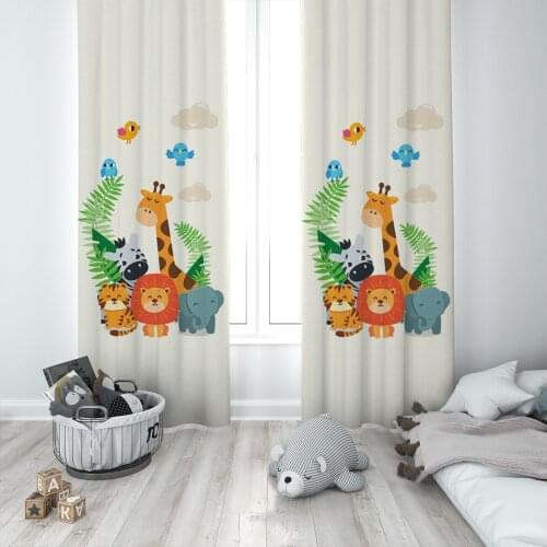 Curtains Children 3D Printed Decorative Items Home Childrens Room Beige Jungle Lion Bird Model 288