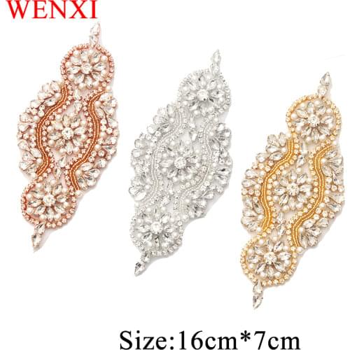 WENXI 2PCS Bridal Sash Rose Gold Clear Rhinestones Appliques Sewing On Wedding Dresses Belt Rhinestones Appliques Patch WX851