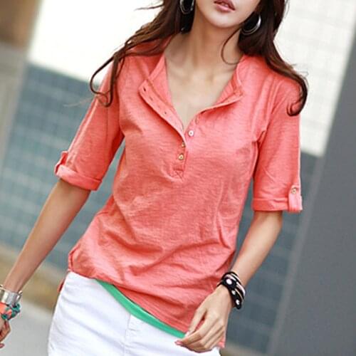 Short-sleeved Button 100% Cotton Women T-shirts 2021 Summer New Half Sleeved Slim All Match Lady Elegant Pulls Tops Tees