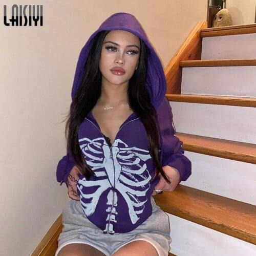 Skull Skeleton Print Hooded Hoodies Goth Autumn Winter Sports Hoodie Women Zipper Up Harajuku Oversize Sweatshirt Goth Clothes
