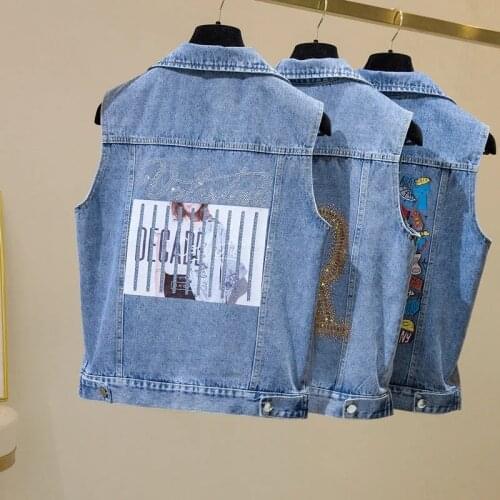 Oversize 100kg Printing Women Denim Vest 2021 Spring Autumn Thin Female Waistcoat Top Solid Cartoon Cute Sleeveless Jean Jacket