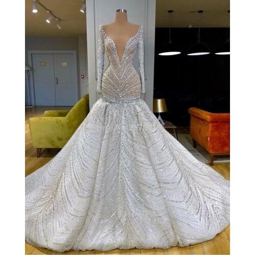 Sparkly Ivory Mermaid Evening Dresses Long Sleeves Sequins Floor-Length Prom Dress Robe De Soiree Aibye Middle East Formal Dubai