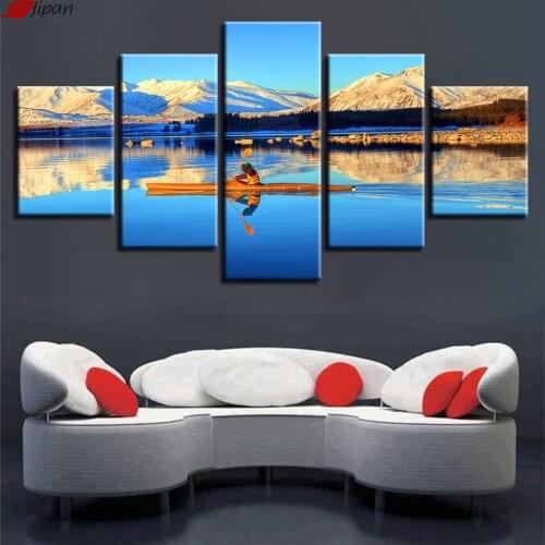Decor Living Room Wall Art Printing 5 Pieces Ship Snow Mountain Sunset Landscape Paintings Framed Poster Modular Canvas Pictures
