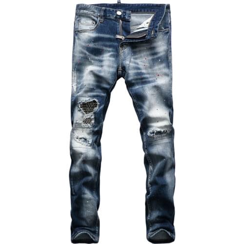 European American Streetwear Fashion Men Jeans Retro Blue Slim Fit Ripped Jeans Men Patches Designer Hip Hop Denim Punk Pants