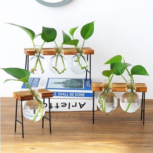 Terrarium Hydroponic Plant Vases Vintage Flower Pot Transparent Vase Wood Art Iron Frame Glass Tabletop Plants Home Bonsai Decor