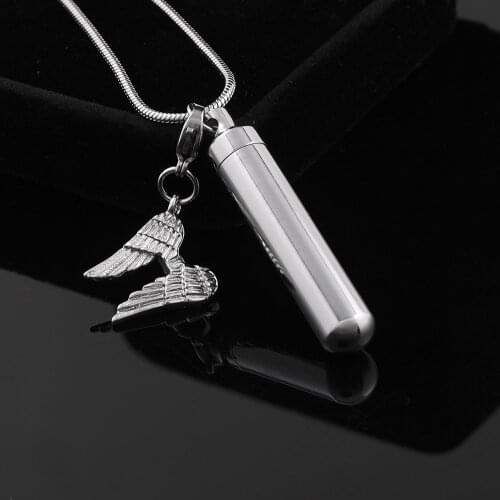 IJD9869 Hot Selling Blank Cylinder Cremation Urn Necklace With Double Angel wing charm Keepsake Ashes Holder Memorial For Women