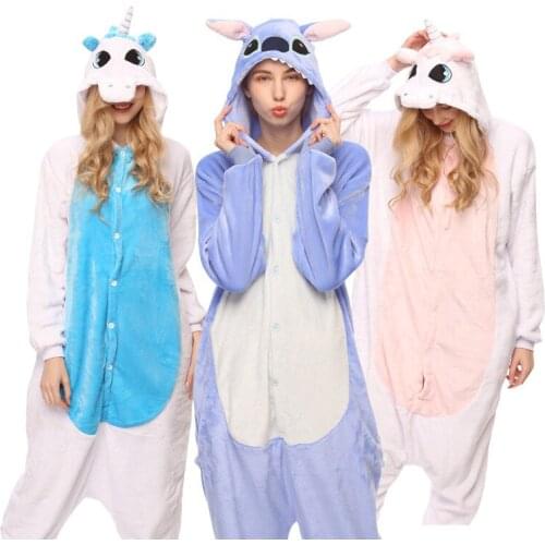 Kigurumi Pink Unicorn Pajama Adult Animal Onesie Women Men Couple Anime Winter Unicornio Pajamas Suit Sleepwear Flannel Pijamas
