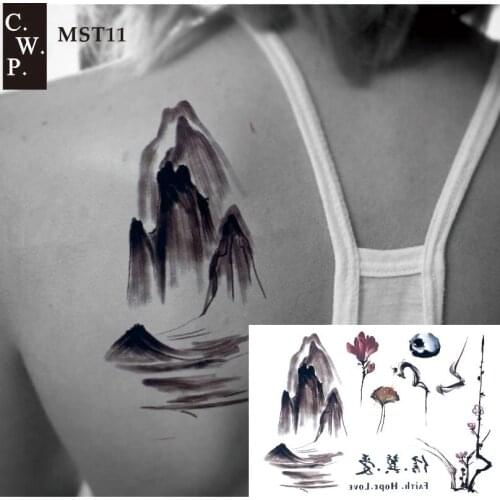 MST11 1 Piece Chinese Watercolor Painting Mountain Flower Abstract Nature Pattern Tattoo Thigh body paint Tattoos