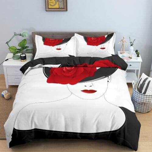 Abstract Style Black and White Girls Bedding Set Rose Face Duvet Cover Set 2/3pcs Breathable Quilt Cover Pillowcase Home Textile