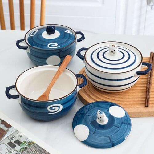 Creative Ceramic Noodle Bowl with Lid Hand-painted Soup Bowl Double Ear Anti-scalding Tableware Pot Dessert Fruit Kitchen Tool