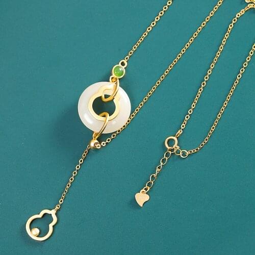 MetJakt Fashion Elegant S925 Sterling Silver Gold-Plated Hetian Jade Womens Necklace
