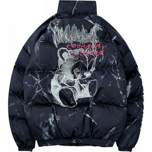 Men Hip Hop Down Jackets Padded Graffiti Cartoon Bear Bomber Jacket Winter Thick Warm Cotton Harajuku Outwear Couples Streetwear