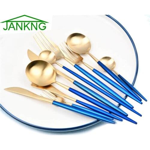 JANKNG 1-Piece Dinnerware Set Blue Gold Dinner Knife Fork Soup Coffee Scoop Tableware Set Mixing Coffee Scoop Tableware Cutlery